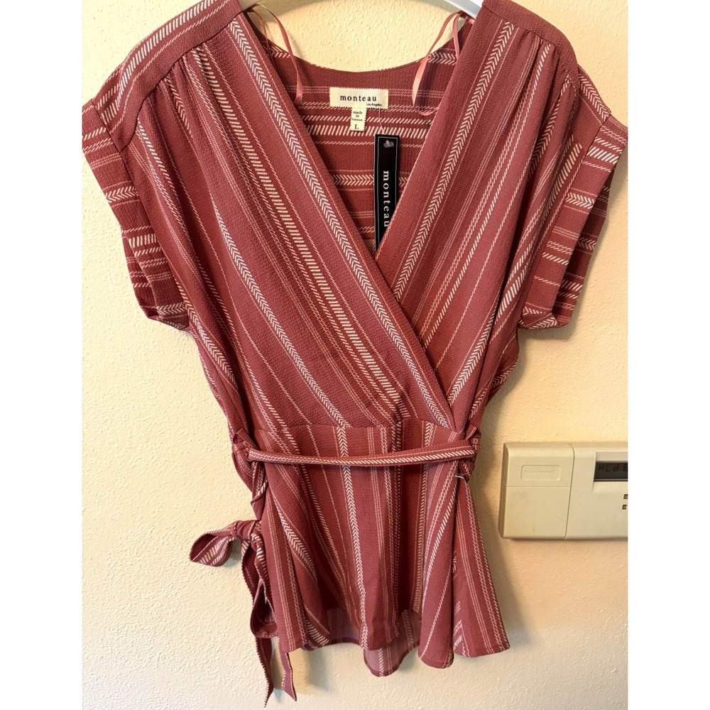 Monteau Women's Pink Striped Woven V-Neck Wrap Tie Waist Blouse L